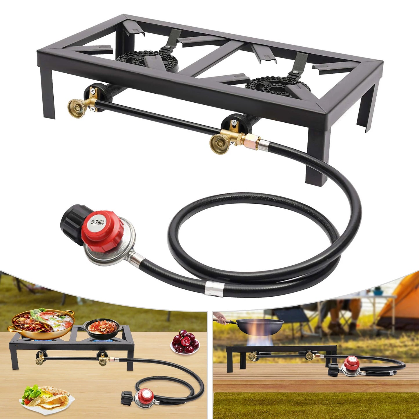 Portable Camping Gas Stove Double Burner Regulator Hose