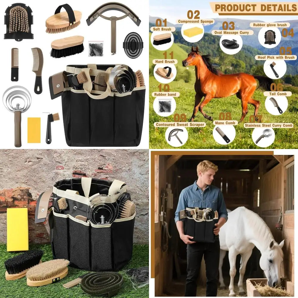 Bristle Horse Grooming Kit With Organizer Tote Bag